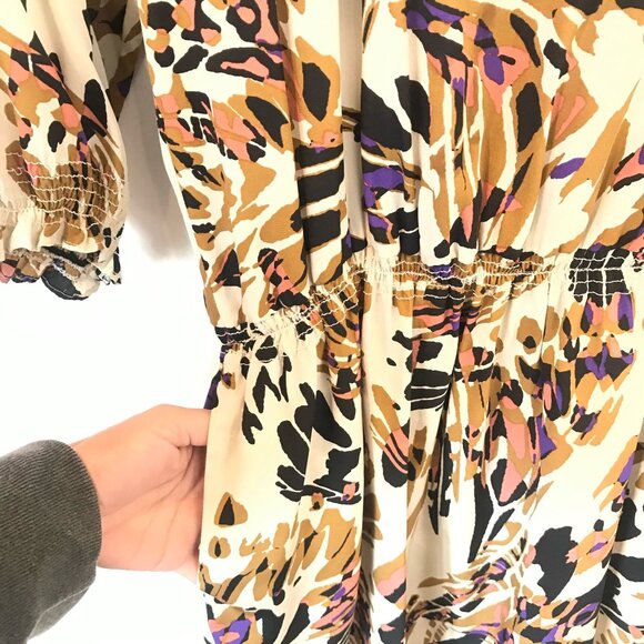 Tibi Abstract Animal Print Silk Dress Elastic Waist 3/4 Sleeves Size 6 Cream - Picture 5 of 11